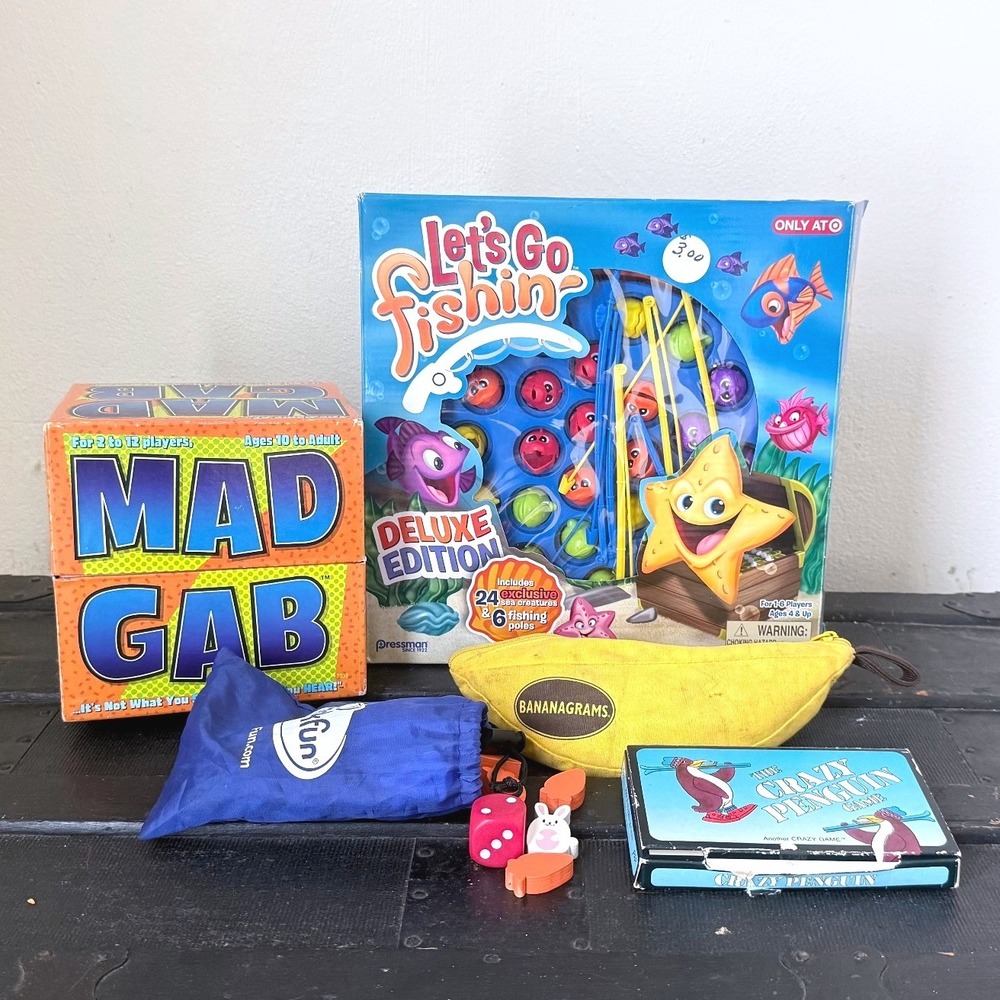 Family Board Game Lot Lets Go Fishin Deluxe Bananagrams Mad Gab Crazy Penguin